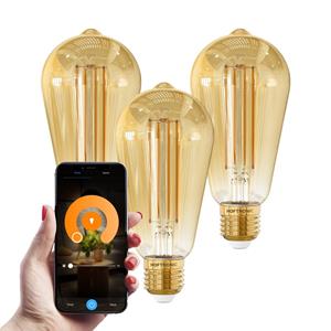 HOFTRONIC SMART Set van 3 Smart E27 LED Filament Lampen - 7 Watt 806 lumen - ST64 Amberkleurig glas - 1800-3000K Dimbaar - Edison lamp