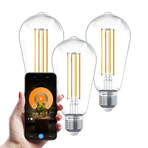 HOFTRONIC SMART Set van 3 Smart E27 LED Filament Lamp - 7 Watt 806 lumen - ST64 Helder - 1800-3000K - Dimbaar - Edison lamp