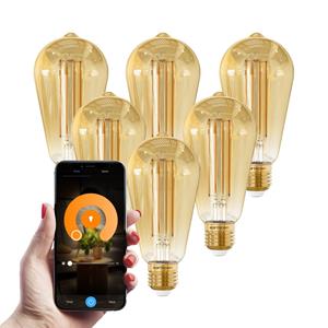 HOFTRONIC SMART Set van 6 Smart E27 LED Filament Lampen - 7 Watt 806 lumen - ST64 Amberkleurig glas - 1800-3000K Dimbaar - Edison lamp