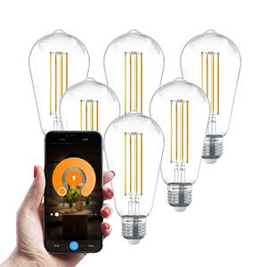 HOFTRONIC SMART Set van 6 Smart E27 LED Filament Lamp - 7 Watt 806 lumen - ST64 Helder - 1800-3000K - Dimbaar - Edison lamp
