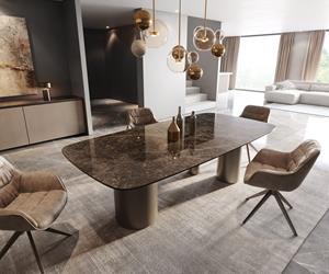 DELIFE Esstisch Edge Boot 240x120 Keramik Laminam Emperador Extra Lucidato Dunkelbraun Troa Metall Effektfinish Titan