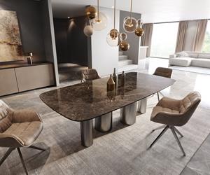 DELIFE Esstisch Edge Boot 240x120 Keramik Laminam Emperador Extra Lucidato Dunkelbraun Pilier Edelstahl Graphit