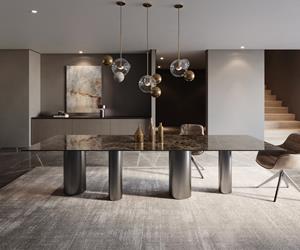 DELIFE Esstisch Edge 300x100 Keramik Laminam Emperador Extra Lucidato Dunkelbraun Pilier Edelstahl Graphit
