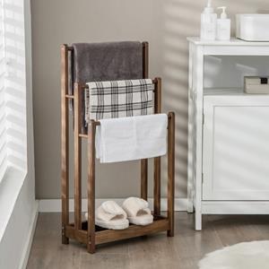 Costway Houten Handdoekhouder met 3 Handdoekstangen & Onderste Plank en Kantelbeveiliging Droogrek voor Badkamers/Hotels Bruin