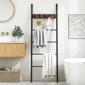 Costway Wandgemonteerd Ladderrek 5-Laags Plank 5 Verwijderbare Haken Handdoekenrek Displayrek voor Badkamer Woonkamer Entree Bruin