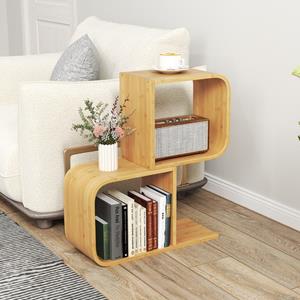 Costway Boekenkast S-vormig Staand Rek van Bamboe met 2 Niveaus Kantoorrek Decoratief Rek voor Woonkamer Werkkamer Thuiskantoor
