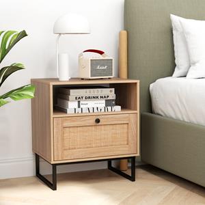 Costway Nachtkastje van Rotan Nachtkastje met Lade en Open Vak Bijzettafel Banktafel Nachtkastje in Boho-Stijl voor Slaapkamer Woonkamer