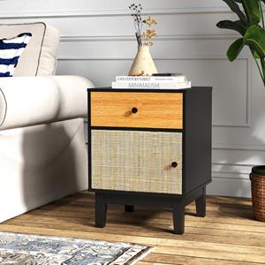 Costway Rotan Nachtkastje Mid-Century Nachtkastje Opberglade en Kast Bohemian Bijzettafel Massief Houten Poten voor Woonkamer Slaapkamer