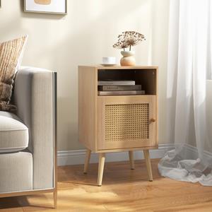 Costway Nachtkastje Rotan Bijzettafel met Open Plank en Deur Sofatafel Landelijke Stijl Ideaal voor Slaapkamer Woonkamer 40 x 39 x 70 cm