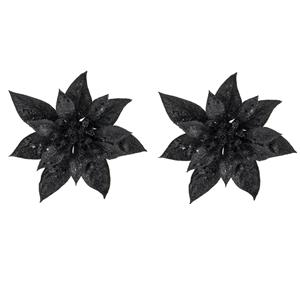 Cosy & Trendy 2x stuks decoratie bloemen kerstster zwart glitter op clip 15 cm -