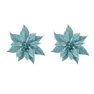 Cosy & Trendy 2x stuks decoratie bloemen kerstster ijsblauw glitter op clip 18 cm -