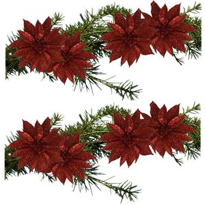 Gerimport 8x stuks glitter decoratie bloemen op clip rood 9.5 cm -