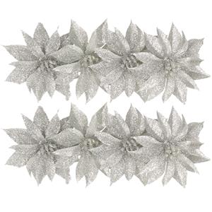 Gerimport 8x stuks glitter decoratie bloemen op clip zilver 9.5 cm -