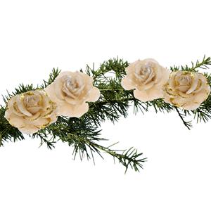 Merkloos 4x stuks decoratie bloemen rozen goud op clip 9 cm -