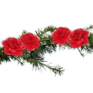 Merkloos 4x stuks decoratie bloemen rozen rood op clip 9 cm -