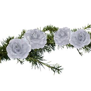 Merkloos 4x stuks decoratie bloemen rozen zilver op clip 9 cm -
