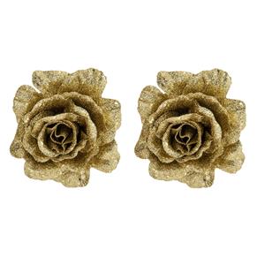 Cosy & Trendy 2x stuks decoratie bloemen roos goud glitter op clip 10 cm -