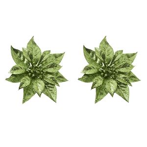 Cosy & Trendy 2x stuks decoratie bloemen kerstster groen glitter op clip 18 cm -
