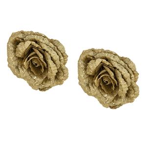 Cosy & Trendy 2x stuks decoratie bloemen roos goud glitter op clip 18 cm -