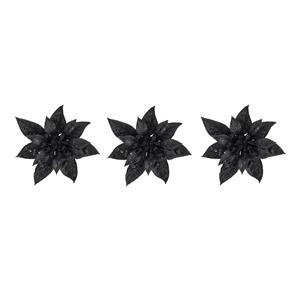 Cosy & Trendy 3x stuks decoratie bloemen kerstster zwart glitter op clip 15 cm -