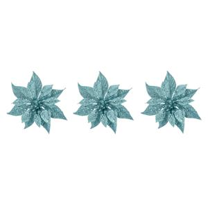 Cosy & Trendy 3x stuks decoratie bloemen kerstster ijsblauw glitter op clip 18 cm -