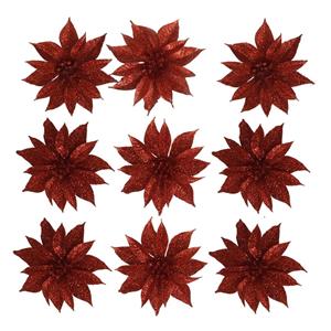 Gerimport 12x stuks glitter decoratie bloemen op clip rood 9.5 cm -
