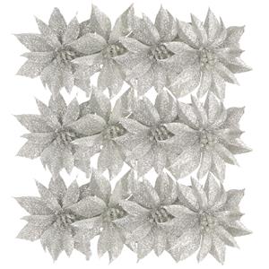 Gerimport 12x stuks glitter decoratie bloemen op clip zilver 9.5 cm -
