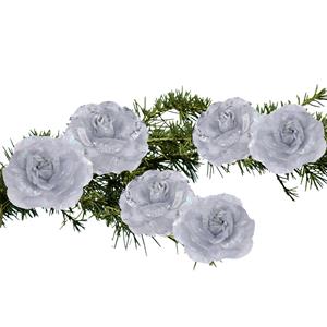 Merkloos 6x stuks decoratie bloemen rozen zilver op clip 9 cm -
