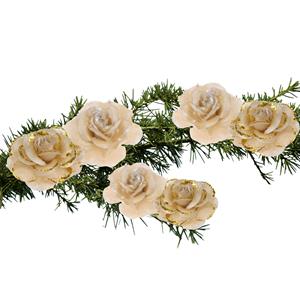 Merkloos 6x stuks decoratie bloemen rozen goud op clip 9 cm -