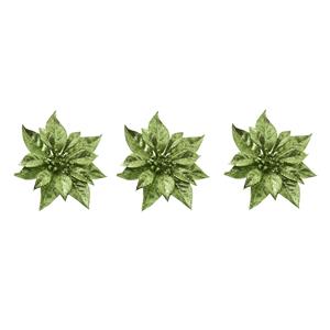 Cosy & Trendy 3x stuks decoratie bloemen kerstster groen glitter op clip 18 cm -