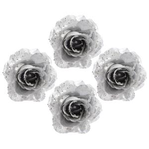 Decoris Kerstboom bloemen op clip - 4x - zilver - 14 cm - kunststof - roos - kerstbloemen -