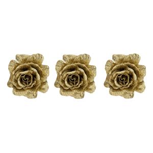 Cosy & Trendy 6x stuks decoratie bloemen roos goud glitter op clip 10 cm -