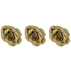 Cosy & Trendy 6x stuks decoratie bloemen roos goud glitter op clip 18 cm -