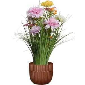 Everlands Kunstbloemen boeket lila paars - in pot bruin - keramiek - H40 cm -