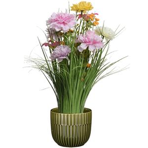 Everlands Kunstbloemen boeket lila paars - in pot groen - keramiek - H40 cm -
