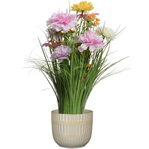 Everlands Kunstbloemen boeket lila paars - in pot lichtgrijs - keramiek - H40 cm -