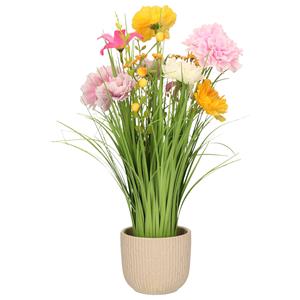 Everlands Kunstbloemen boeket lila paars - in pot mat wit - keramiek - H40 cm -