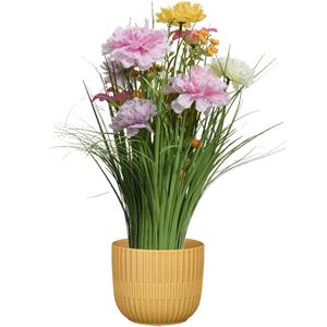 Everlands Kunstbloemen boeket lila paars - in pot okergeel - keramiek - H40 cm -