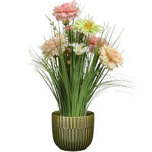 Everlands Kunstbloemen boeket roze - in pot groen - keramiek - H40 cm -