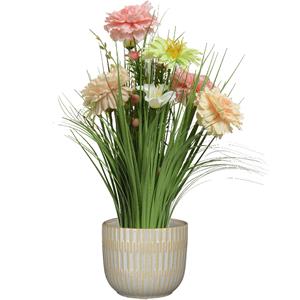 Everlands Kunstbloemen boeket roze - in pot lichtgrijs - keramiek - H40 cm -
