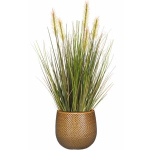 Emerald Kunstplant groen rietgras sprieten 45 cm in luxe Gabriel ribbel bloempot okergeel -