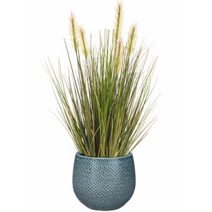 Emerald Kunstplant groen rietgras sprieten 45 cm in luxe Gabriel ribbel bloempot blauw -