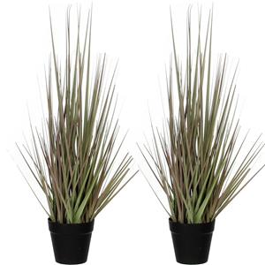 Mica Decorations Set van 2x stuks kunstgras/gras kunstplant - groen/paars H53 x D30 cm - op stevige plug -