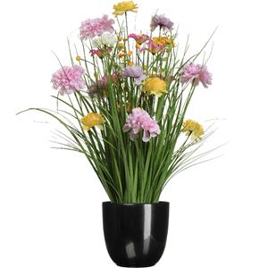 Everlands Kunstbloemen boeket lila paars - in pot zwart - keramiek - H70 cm -