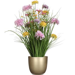 Everlands Kunstbloemen boeket lila paars - in pot goud - keramiek - H70 cm -