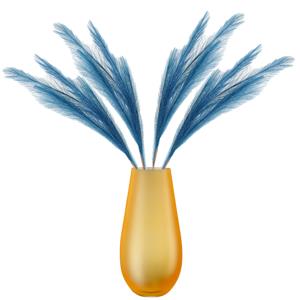 Merkloos Kunstbloemen bloemstuk pluimen boeket in vaas - blauw/geel tinten - 80 cm hoog -