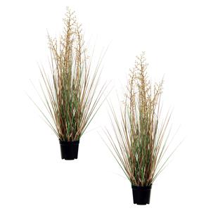 Louis Maes Quality kunstplant - 2x stuks - Siergras met bes - groen/bruin - H75 cm - in pot -