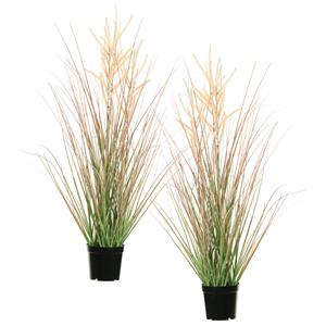 Louis Maes Quality kunstplant - 2x stuks - Siergras met pluim - groen/bruin - H75 cm - in pot -