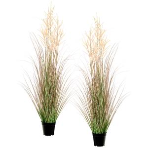 Louis Maes Quality kunstplant - 2x stuks - Siergras met pluim - groen/bruin - H125 cm - in pot -