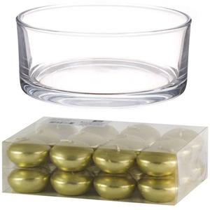 Trend Candles Cadeau set Lage luxe vaas 19 cm met gouden drijfkaarsen -